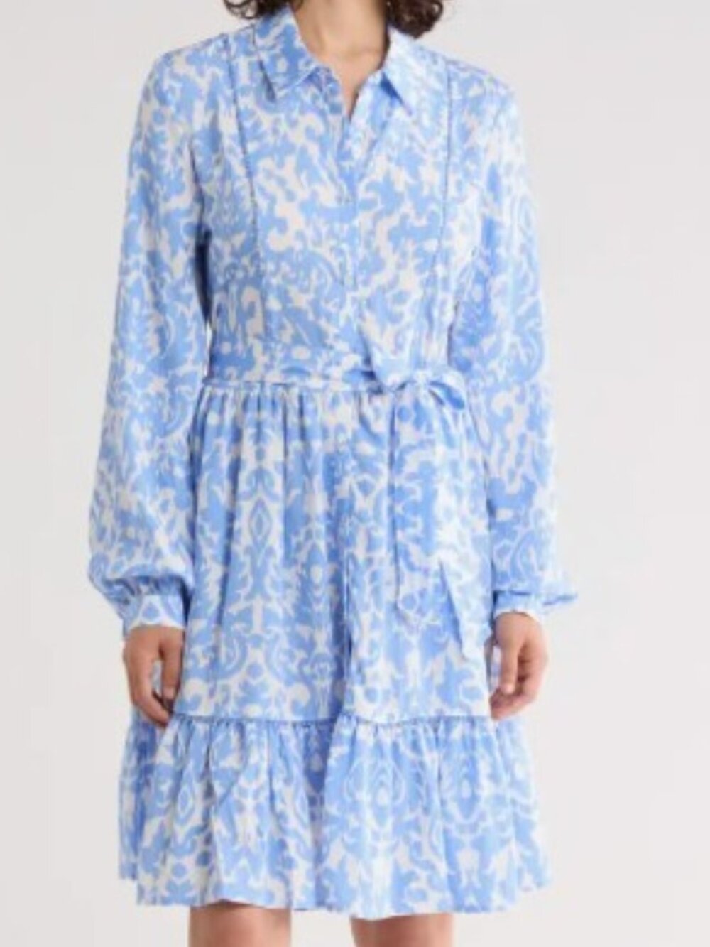 Ellen Tracy Blue White Ikat Print Long Sleeve Button Shirt Dress Small EUC
